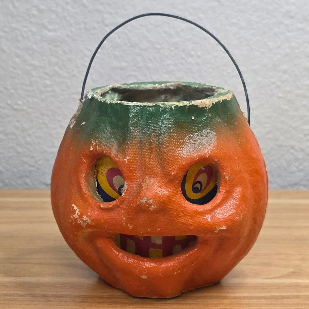All-Original Antique Vintage Halloween Paper Mache Pulp Jack o' Lantern, 30s-40s